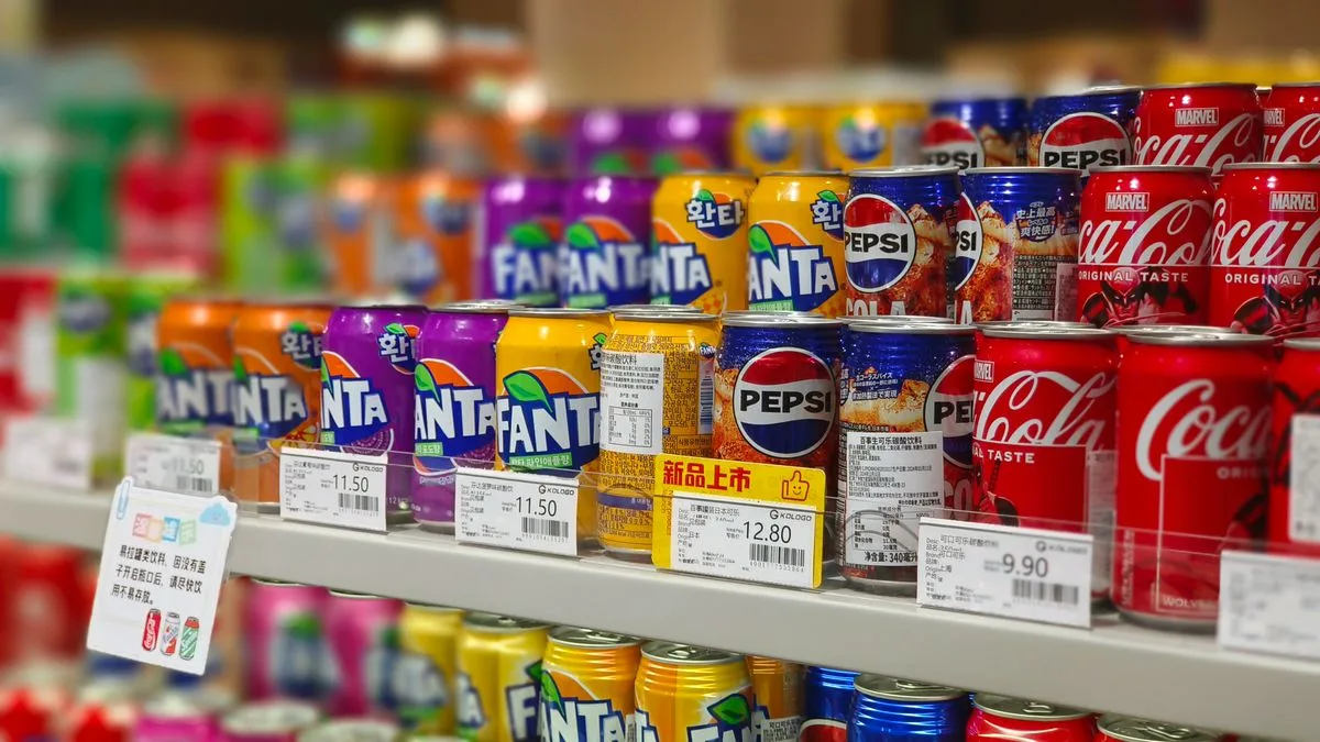 Scaffale di supermercato con bevande e prezzi esposti